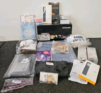 Mixed Lot of Consumer Goods: Lexmark 24B5805 Toner, Phone Accessories, Party Supplies, Apparel