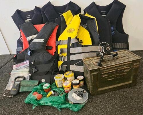 Fishing & Boating Gear Bundle: 5 Life Jackets (Jobe, SGL, Gladiator), Shakespeare GX240 Reel, Ammo Box