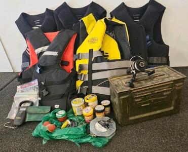 Fishing & Boating Gear Bundle: 5 Life Jackets (Jobe, SGL, Gladiator), Shakespeare GX240 Reel, Ammo Box