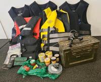 Fishing & Boating Gear Bundle: 5 Life Jackets (Jobe, SGL, Gladiator), Shakespeare GX240 Reel, Ammo Box