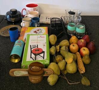 Assorted Home Decor & Kitchen, Fall Table Runner, Vintage Plate, Faux Fruit, Glassware