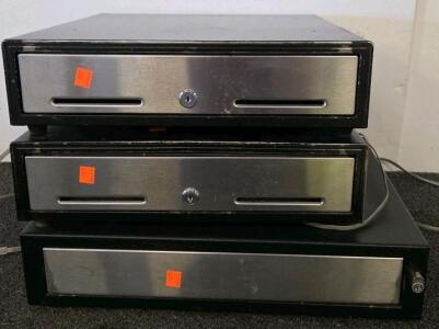 3 POS Cash Drawers, Printer-Driven, Black/Stainless, Key Lock, Cables Included