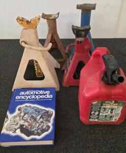 Automotive Jack Stands, Blitz 2-Gal Fuel Can, Auto Encyclopedia, Mixed Home Decor with Faux Flowers