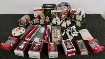 Large Holiday Decoration Lot Hallmark Keepsake Ornaments, Figurines, Lights, Candles, Tins (Shelf BX)