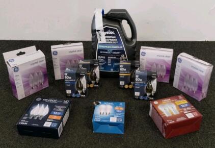 GE & Up&Up Assorted LED & Incandescent Light Bulbs, Various Types, Plus Peak Coolant (Shelf BX)