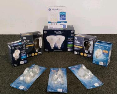 Assorted LED Light Bulbs Lot &ndash; GE Reveal, Refresh, Classic, BR40, Decorative, S19, MR16 (Shelf BX)