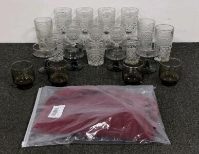 Large Set Vintage crystal and Smoked Glass Drinkware, Burgundy Knit Pullover Sweater