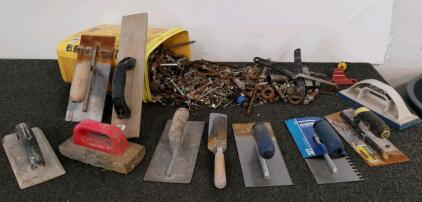 Large Assortment of Masonry Trowels, Tile Floats, and 12 lbs Mixed Construction Hardware Fasteners