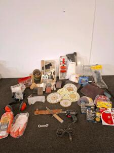Buffalo SG-150 Soldering Gun, ( powered on) Vintage Fixed Blade Knife, Gloves, Ear/Safety Gear & Clock Faces Lot (shelf L)