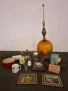 Vintage Amber Glass Table Lamp with Ornate Base Plus ( unable to test) Mixed Lot of Collectible Home Decor & Kitchenware( shelf A)