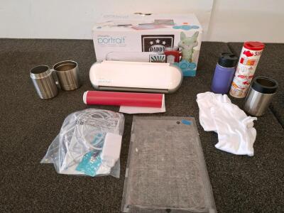 Silhouette Portrait Vinyl Cutting Machine Bundle( powered on) w/YETI & Hydro Flask Cups, Accessories, Box ( shelf L)