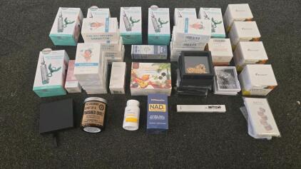 Various facial dental and health supplies, make up and nail supplies, and necklaces and earrings