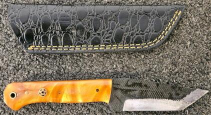 Custom Fixed Blade Knife, Tanto-Style, Amber Resin Handle, Black Patterned Leather Sheath