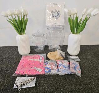 Mixed Lot of Home Decor, Accessories, Artificial Tulips, drink dispenser Jars, Pet Items