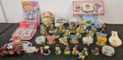 Mixed Lot: 20+ Figurines, Mini Porcelain Tea Sets, Frog Mugs, FIMO Craft Kit, Trinket Boxes