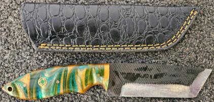 Custom Tanto Fixed Blade Knife, Resin Handle, Mosaic Pin, Black Leather Sheath