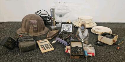 Vintage Uniden Scanner (tested, works), Hard Hat Lamp, Multimeter, Iron, Calculator, Plates, Glass Compote Lot