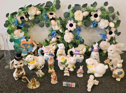 Easter/Spring Decor Lot: 16 Rabbit Figurines, 2 Wreaths, 2 Vases, and More (c)