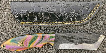 Custom Fixed Blade Knife, 3.75" Hand-Ground Tanto Blade, Multicolor Resin Handle, Leather Sheath