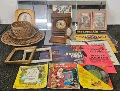 Vintage Lot: Johnny Cash, Marty Robbins LPs, Framed Art, Clock, Disney records, Woven Baskets