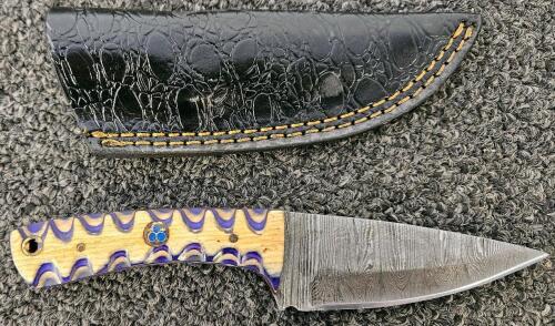 Custom Damascus Fixed-Blade Knife, Drop Point, 4" Blade, Mosaic Pin Handle, Patterned Sheath