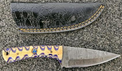 Custom Damascus Fixed-Blade Knife, Drop Point, 4" Blade, Mosaic Pin Handle, Patterned Sheath