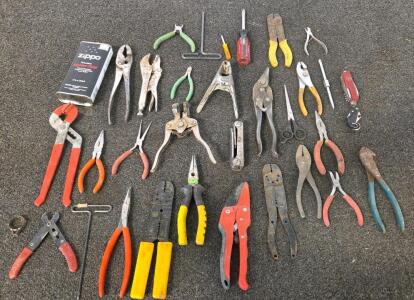 Assorted Hand Tool Lot &ndash; Pliers, Wire Strippers, Screwdrivers, Utility Knives, Zippo Fluid (FN-B)