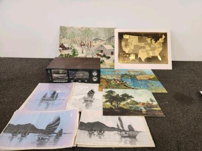 Vinatge Tape/ Radio Player. Vincent van Gogh "Langlois Bridge at Arles" Print and Assorted Wall Art Collection(Shelf C)