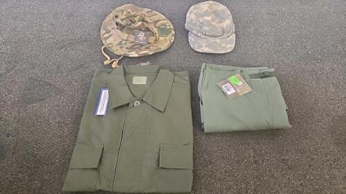 Military Uniform Set: Mil-Spec Plus Shirt & Trousers (2XL), Rothco Boonie Hat (6-3/4), Patrol Cap (Large-Regular) Military Surplus Cold Weather Lot: Parka Liner 180/112, Rothco BDU Shorts, 3 Pairs Wool Glove Inserts