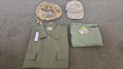 Military Uniform Set: Mil-Spec Plus Shirt & Trousers (2XL), Rothco Boonie Hat (6-3/4), Patrol Cap (Large-Regular) Military Surplus Cold Weather Lot: Parka Liner 180/112, Rothco BDU Shorts, 3 Pairs Wool Glove Inserts