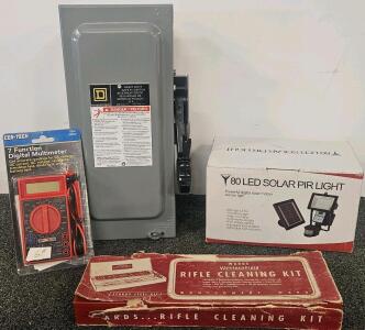 Lot: Square D 30A Safety Switch, Frostfire 80 LED Solar Light, Wards Rifle Kit, Cen-Tech Multimeter