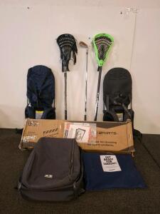 Volley ball net set. G4 Black & Blue Child Shoulder Carriers, TaylorMade Tour Iron S-90, UA & STX Lacrosse Sticks( shelf L)
