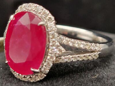 Platinum 900 Ring with 5.12ct GIA Ruby, 0.41ct Diamond Halo, AIGL Appraised