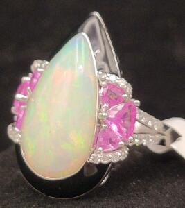 Oscar Friedman 14K White Gold Ring 8.05ct Opal Pear, 1.62ct Pink Sapphire, 0.43ct Diamond