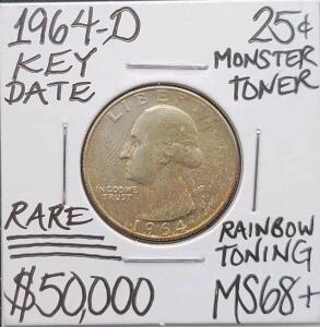 1964-D Washington Quarter, Rainbow Toning, Denver Mint, Silver, Claimed MS68+