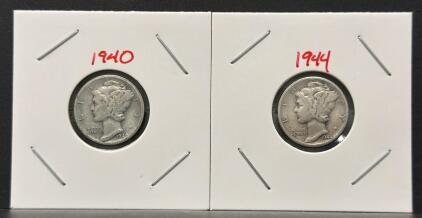 1940 & 1944-S Mercury Dimes, 90% Silver, U.S. Mint, Circulated Coins &ndash; Lot of 2