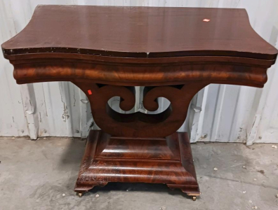 19th Century Empire Revival Mahogany Console Table, Serpentine Top, Scroll Base, Plinth Pedestal