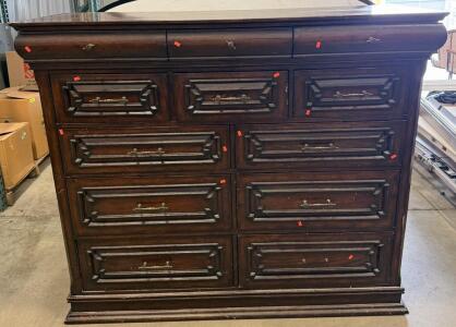 Traditional Dark Wood Chest of Drawers with Brass Hardware (10 Drawers) 64&rdquo;x22&rdquo;x55&rdquo;