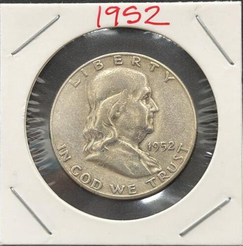 1952 Franklin Half Dollar, 90% Silver, Benjamin Franklin, Liberty Bell, Philadelphia Mint