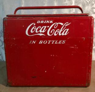 Vintage Coca-Cola Cavalier Metal Cooler with Bottle Opener, Drain Plug, 1940s-50s, Red Steel