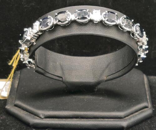 Oscar Friedman 925 Sterling Silver 24.50ct Blue Sapphire & 0.60ct White Sapphire Tennis Bracelet