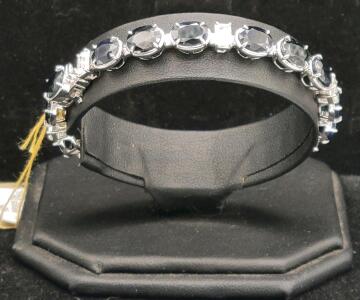 Oscar Friedman 925 Sterling Silver 24.50ct Blue Sapphire & 0.60ct White Sapphire Tennis Bracelet