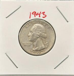 1943 Washington Quarter 90% Silver, George Washington Design, Reverse Obscured, 2x2 Holder