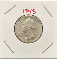 1943 Washington Quarter 90% Silver, George Washington Design, Reverse Obscured, 2x2 Holder