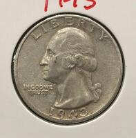 1943 Washington Quarter 90% Silver, George Washington Design, Reverse Obscured, 2x2 Holder - 3