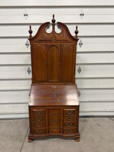 Chippendale Style Secretary Desk with Bookcase Hutch, Mahogany, Broken Arch Top, Brass Hardware