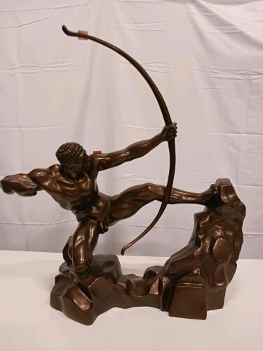 Large Bronze Archer Sculpture &ndash; Classical Male Nude with Bow, 28" x 28" x 13", Brown Patina