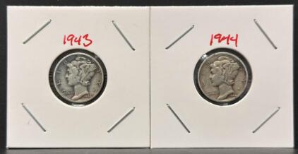 1943-S and 1944 Mercury Dimes &ndash; 90% Silver, Circulated Condition