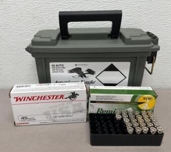 27 Rounds .45 ACP Ammo: Remington UMC Target, 50 Rounds .45 FMJ Of Winchester, American Eagle FMJ, 230gr, USA-Made, Plastic Ammunition Box