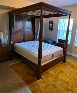 King Size Four Poster Canopy Bed with Ornate Carved Wood Please Read Description